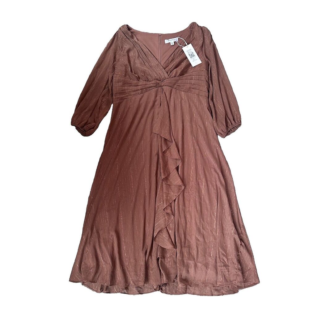 Ever-Pretty NWT Size 18 1XL Bronze Gold Shimmer Long Sleeve Ruffle Maxi Dress